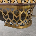 Rounded Two-Door Sideboard with Geometric Patterned Panels Dark Natural Wood Veneer Top and Gold-Tone Openwork Metal Base
